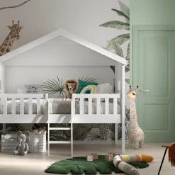 Lit Cabane Blanc HOUSEBEDS en Pin Massif pour Enfants avec Échelle et Rangement