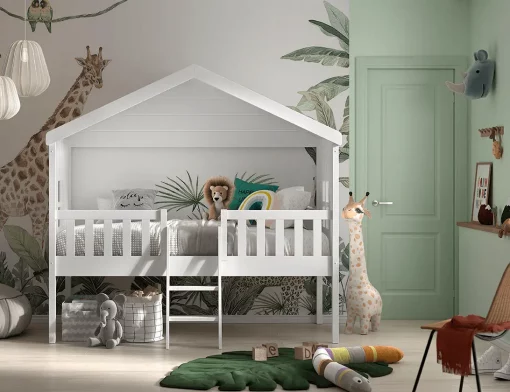 Lit Cabane Blanc HOUSEBEDS en Pin Massif pour Enfants avec Échelle et Rangement