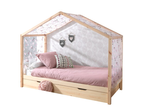 Combinaison DALLAS en bois naturel avec un lit (90x200) avec tiroir et rideaux. 2