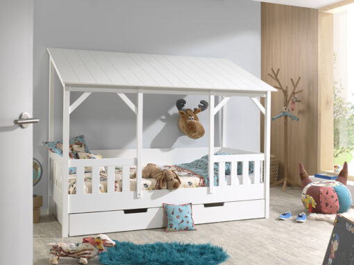 lit cabane HOUSEBED toit blanc et un lit gigogne pour cabane