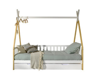 Cette combinaison TIPI se compose du lit TIPI (90 x 200 cm) élevé avec rail et tiroir de lit en nature.