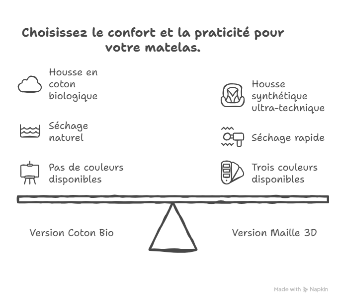 Oonau Vs Tediber : Le Match des Matelas Bébé Haut de Gamme 7 Le matelas Oonau s'appuie sur une technologie venue du Japon : le Breathair. Cette structure tridimensionnelle en polyéthylène compose 90% du matelas. Imaginez un réseau de milliers de fibres enchevêtrées créant une structure alvéolaire extrêmement aérée. C'est comme dormir sur un nuage d'air solidifié.
La version Coton Bio enveloppe ce cœur Breathair d'une housse en coton biologique certifié Oeko-Tex Standard 100. Douceur naturelle, absence totale de traitement chimique nocif : l'option idéale pour les parents intransigeants sur la qualité des matières.
La version Maille 3D privilégie une housse synthétique ultra-technique qui sèche en un temps record. Trois coloris disponibles (bleu ciel, rose poudré, crème) permettent d'harmoniser la chambre selon vos envies.
Point fort : Une respirabilité inégalée qui régule naturellement température et humidité, sans aucun traitement chimique.
Particularité : Le cœur Breathair lui-même passe intégralement en machine, une prouesse unique sur le marché.